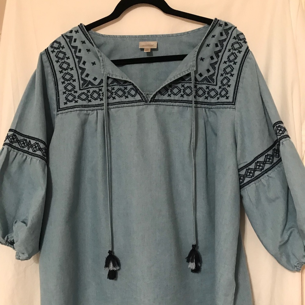 Denim embroidered tunic with tassels
